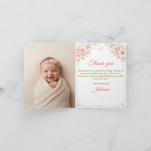 Blush Floral Gold Cross Baptism Photo Thank You Card