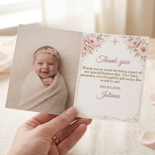 Blush Floral Gold Cross Baptism Photo Thank You Card