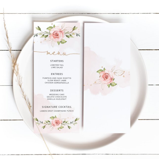 Blush floral gold foil wedding menu card (Creator Uploaded)