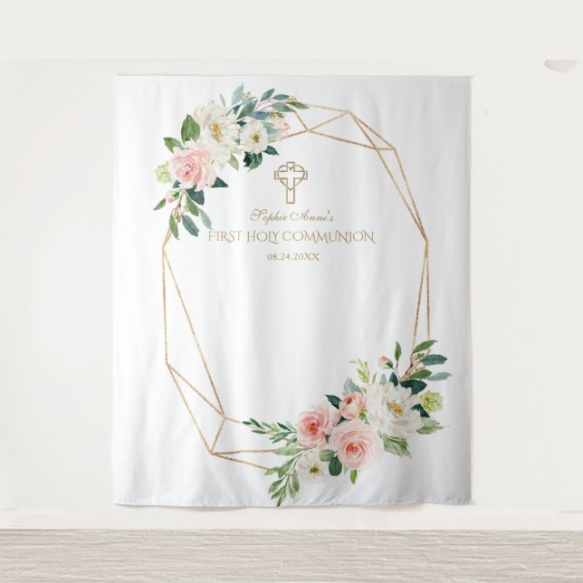 Blush Floral Gold Frame Holy Communion Backdrop Tapestry (Front)