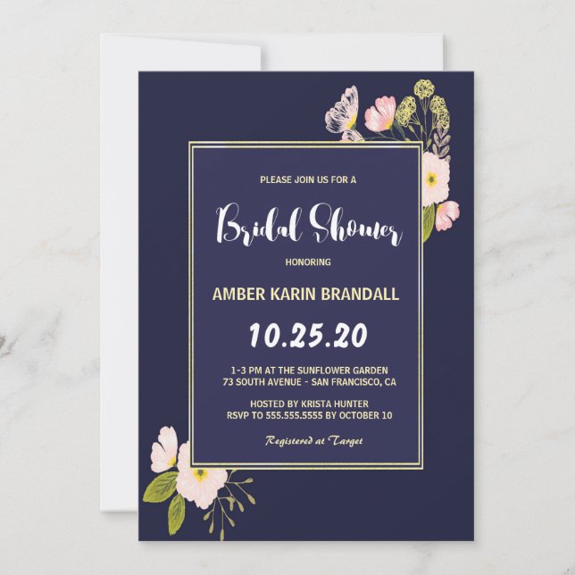 Blush Floral Gold Frame Navy Blue Bridal Shower Invitation (Front)