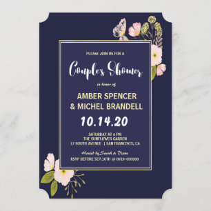 Blush Floral Gold Frame Navy Blue Couple's Shower Invitation