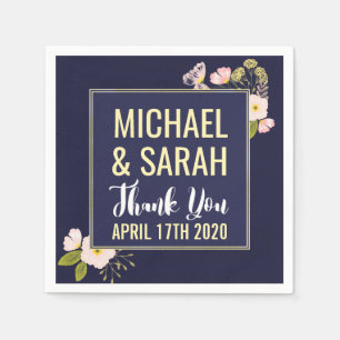 Blush Floral Gold Frame Navy Blue Custom Wedding Napkin