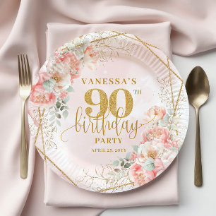 Blush Floral Gold Frame Personalized 90th Birthday Paper Plate