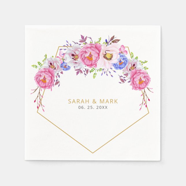 Blush Floral Gold Frame Wedding Paper Napkin (Front)