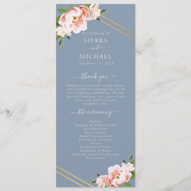 Blush Floral Gold Geometric Dusty Blue Wedding Programme (Front)