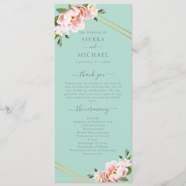 Blush Floral Gold Geometric Mint Green Wedding Programme (Front)