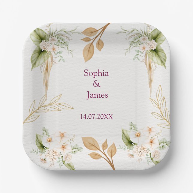 Blush Floral Gold Geometric wedding Paper Plate (Front)