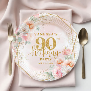Blush Floral Gold Glitter Elegant 90th Birthday   Paper Plate