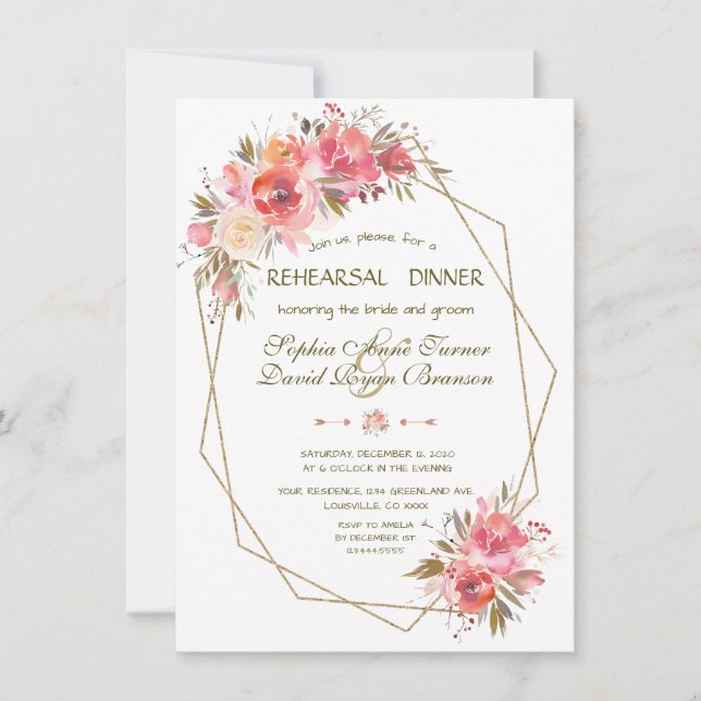Blush Floral Gold Glitter Frame Rehearsal Dinner Invitation (Front)