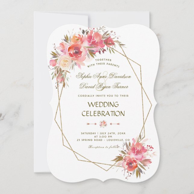 Blush Floral Gold Glitter Frame Wedding Invitation (Front)