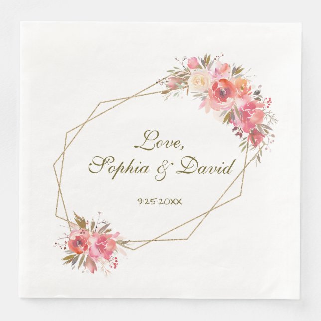 Blush Floral Gold Glitter Frame Wedding Napkin (Front)
