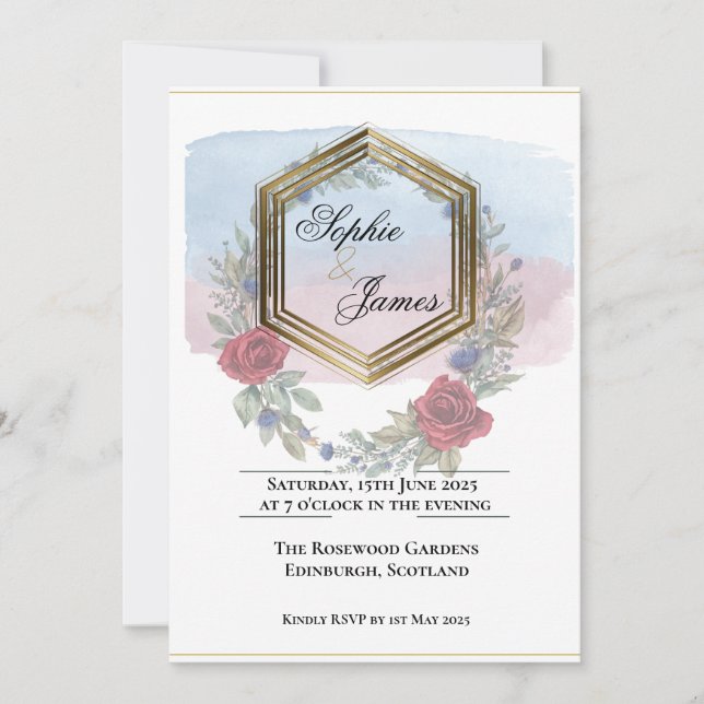 Blush Floral Gold Hexagon Personalized Wedding Eve Invitation (Front)