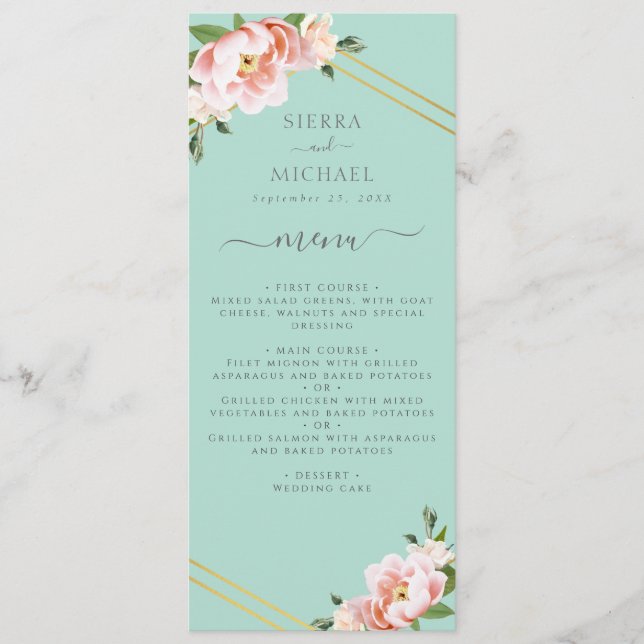 Blush Floral Gold Mint Green Wedding Reception Menu (Front)