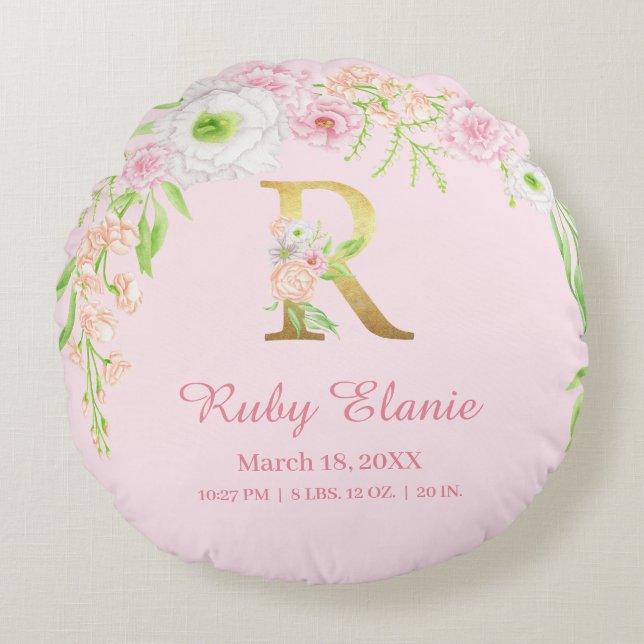 Blush Floral Gold Monogram "R" Baby Girl Stats Round Cushion (Front)