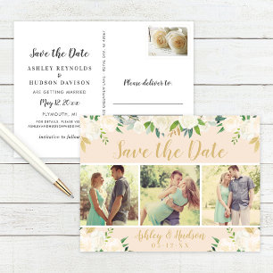 Blush Floral Gold Photo Save the Date Announcement Postcard