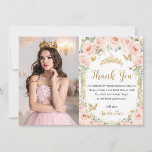 Blush Floral Gold Quinceañera Sweet 16 Photo Thank You Card