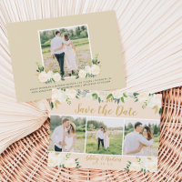 Blush Floral Gold Script Three Photo Wedding