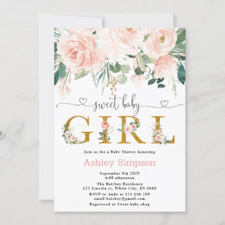 Blush Floral Gold Sweet Girl Baby Shower Invitation