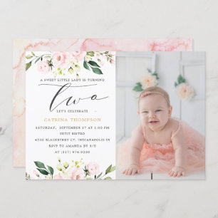 Blush Floral Greenery Girl 2nd Birthday Photo Invitation