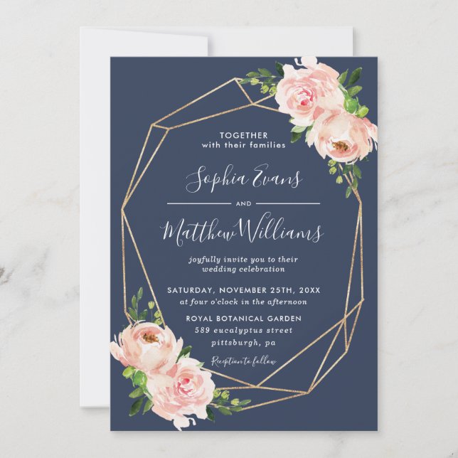 Blush Floral Greenery Gold Geometric Navy Wedding Invitation (Front)