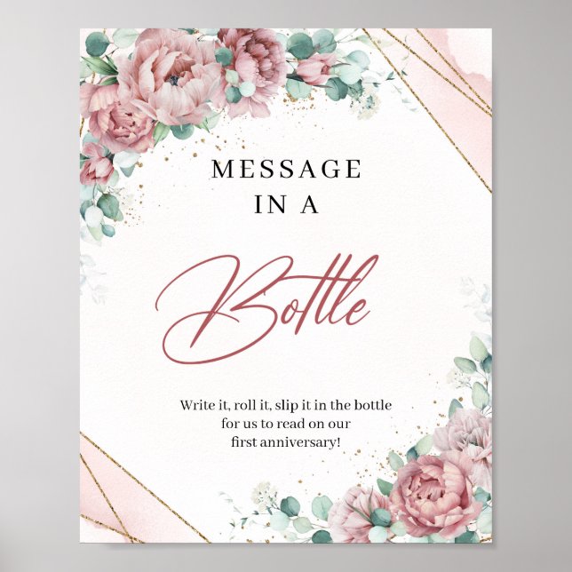 Blush floral greenery gold Message in a Bottle Poster (Front)