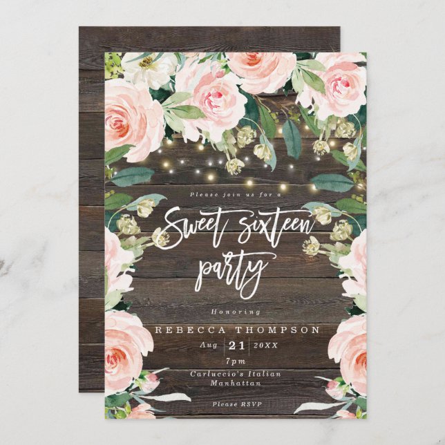 blush floral greenery lights modern sweet 16 invitation (Front/Back)