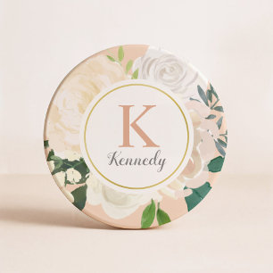Blush Floral Greenery Rose Gold Monogram Initial Coaster