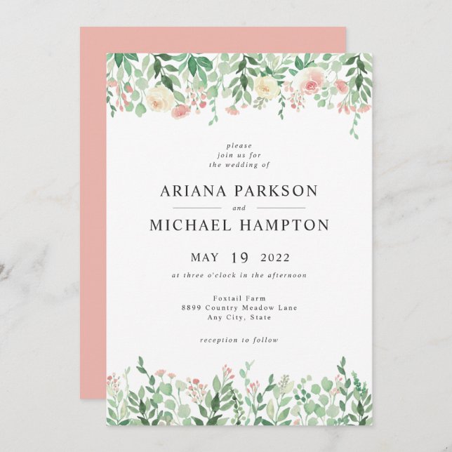 Blush Floral Greenery wedding invitation 4196 (Front/Back)