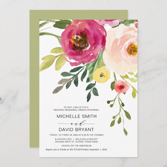 Blush Floral, Greenery, Wedding Rehearsal Dinner Invitation (Front/Back)