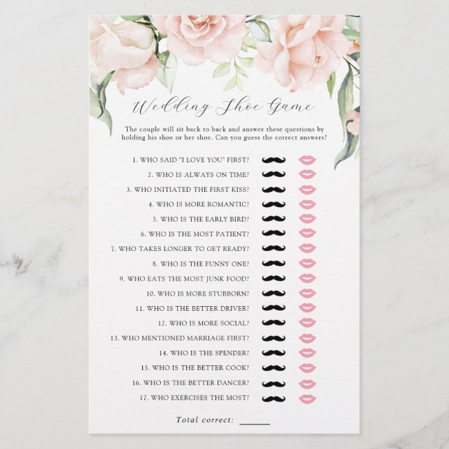 Blush Floral Greenery Wedding Shoe Bridal Game (Front)