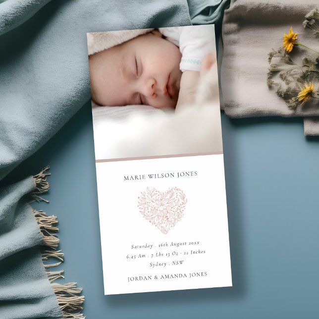 Blush Floral Heart Photo Baby Birth Announcement  (Creator Uploaded)