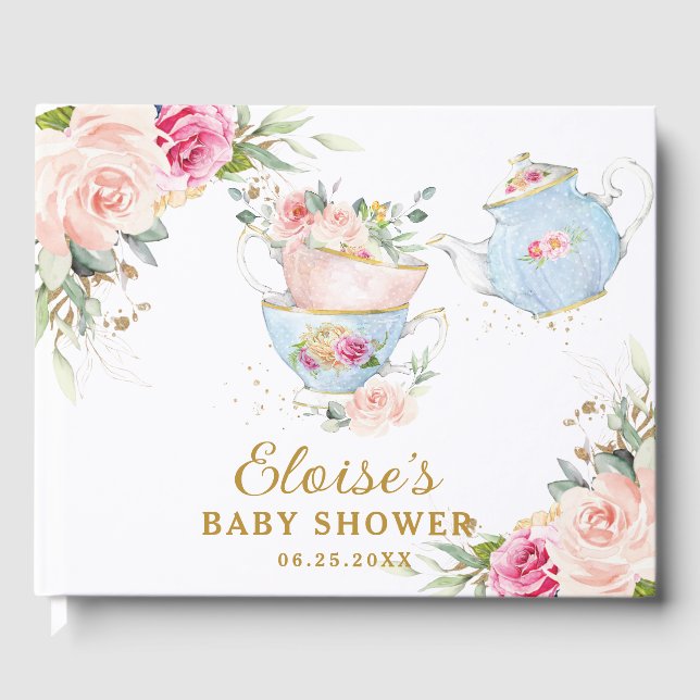 Blush Floral High Tea Party Baby Bridal Shower Guest Book (Front)