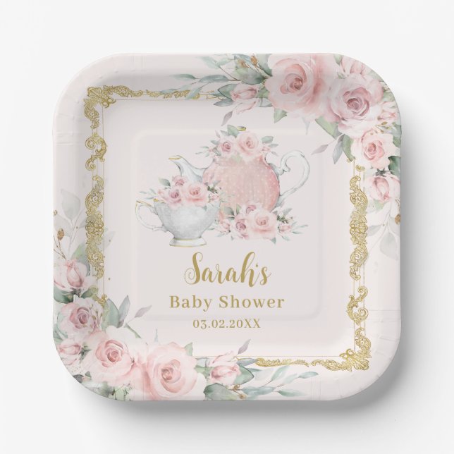 Blush Floral High Tea Party Birthday Baby Shower Paper Plate (Front)