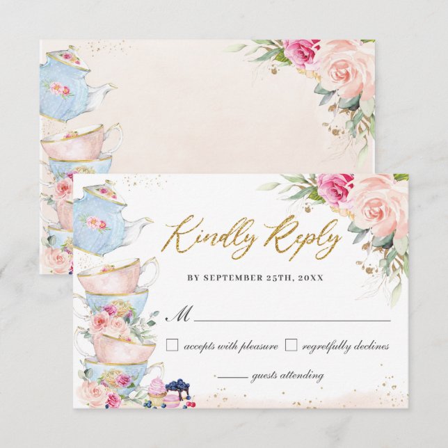 Blush Floral High Tea Party Bridal Shower Birthday RSVP Card (Front/Back)