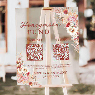 Blush Floral Honeymoon Fund QR Code Wedding Acrylic Sign
