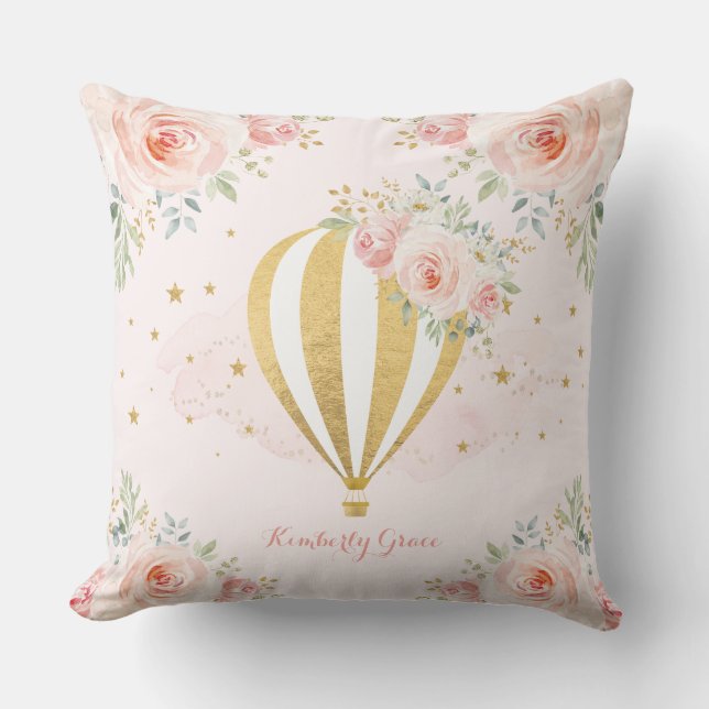 Blush Floral Hot Air Balloon Baby Girl Nursery Cushion (Front)
