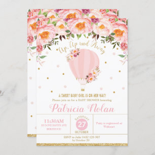 Blush Floral Hot Air Balloon Baby Shower Baby Girl Invitation