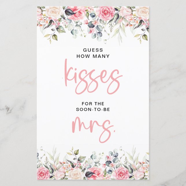 Blush Floral How Many Kisses Bridal Shower Game  (Front)