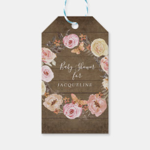 Blush Floral Its a Girl Butterfly Wreath Rustic Gift Tags