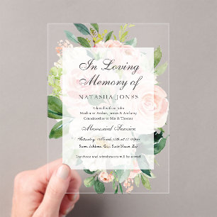 Blush Floral Leaf Clear Acrylic Memorial Service  Invitations