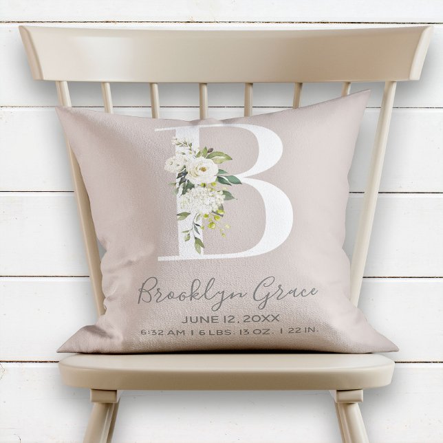 Blush Floral Letter B Monogram Baby Birth Stats Cushion (Creator Uploaded)