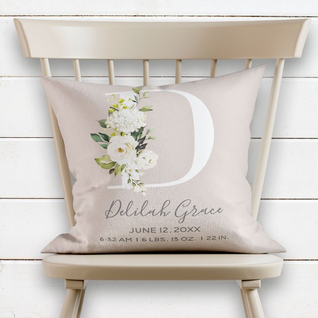 Blush Floral Letter D Monogram Baby Birth Stats Cushion (Creator Uploaded)