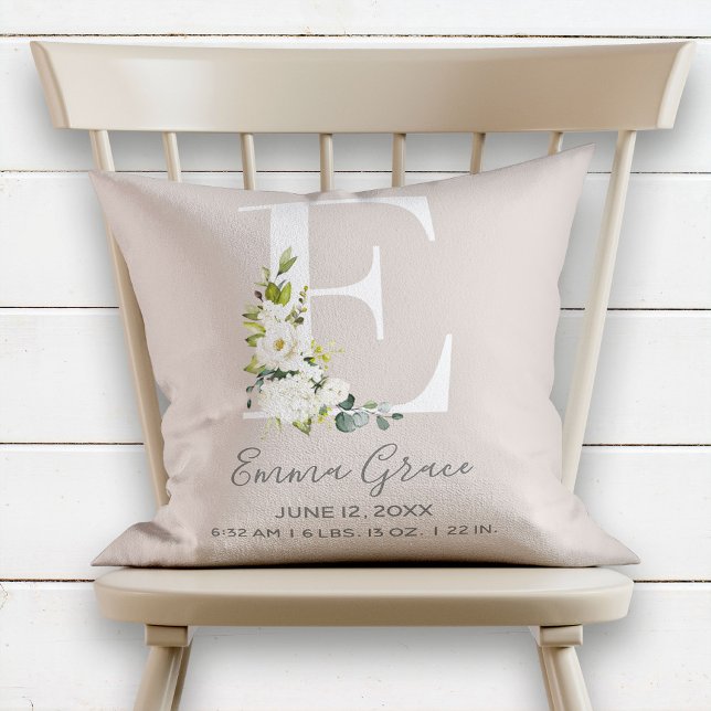 Blush Floral Letter E Monogram Baby Birth Stats Cushion (Creator Uploaded)