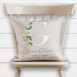 Blush Floral Letter G Monogram Baby Birth Stats Cushion