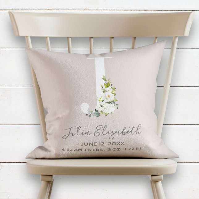 Blush Floral Letter J Monogram Baby Birth Stats Cushion (Creator Uploaded)