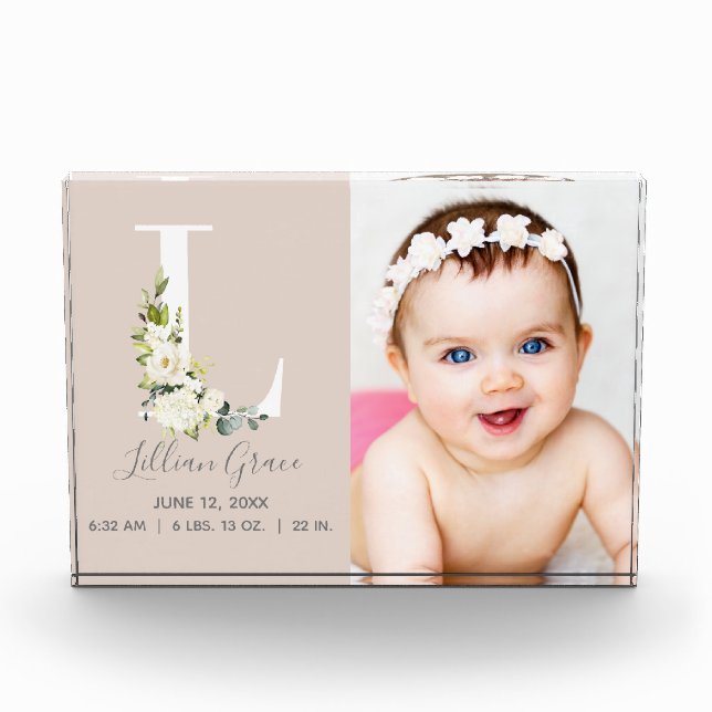 Blush Floral Letter L Photo Monogram Birth Stats Block (Front)
