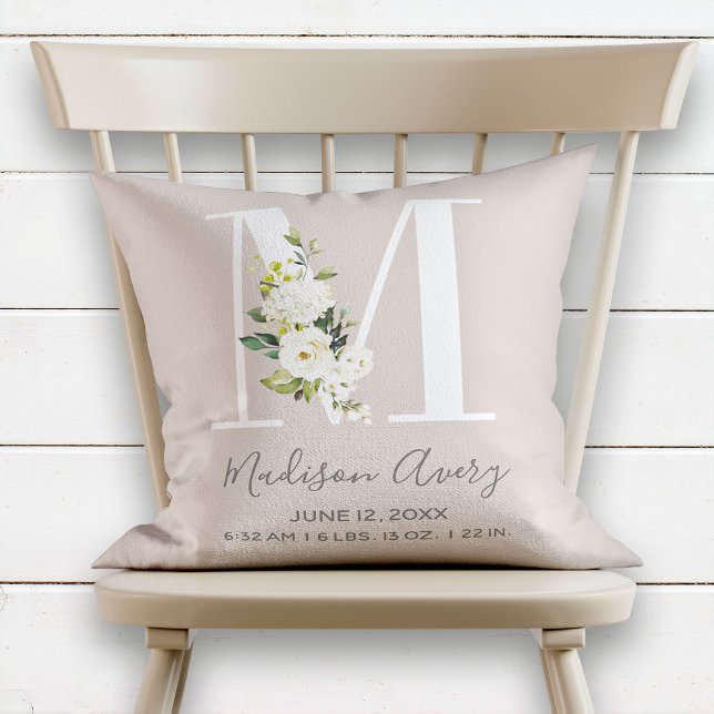 Blush Floral Letter M Monogram Baby Birth Stats Cushion (Creator Uploaded)