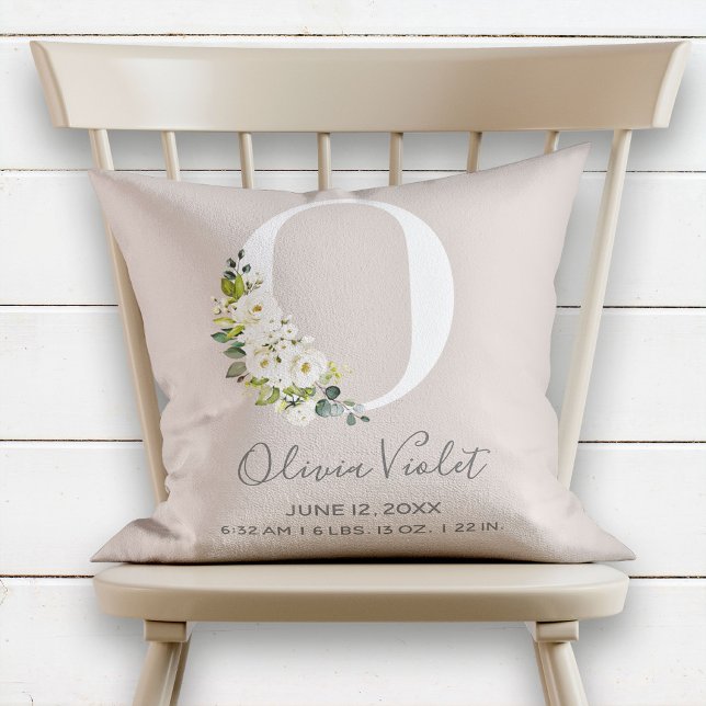 Blush Floral Letter O Monogram Baby Birth Stats Cushion (Creator Uploaded)