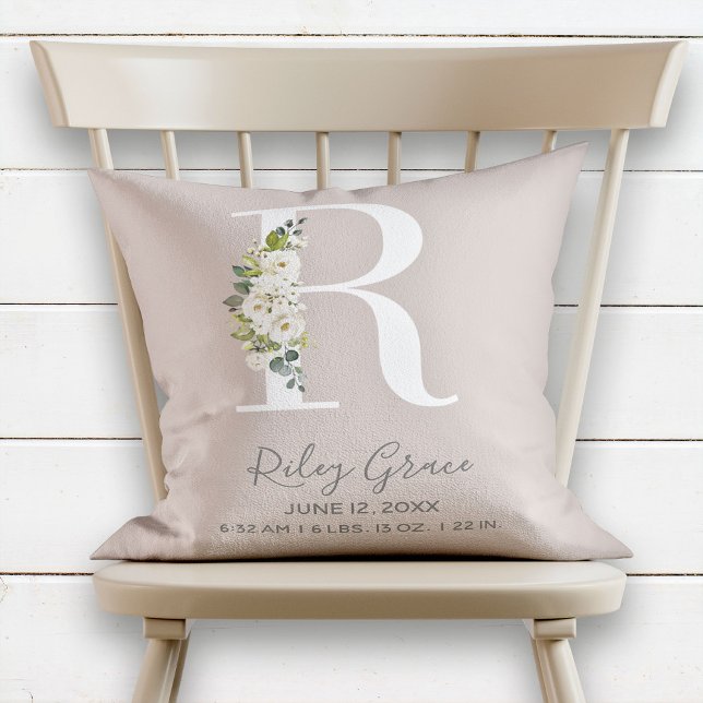 Blush Floral Letter R Monogram Baby Birth Stats Cushion (Creator Uploaded)